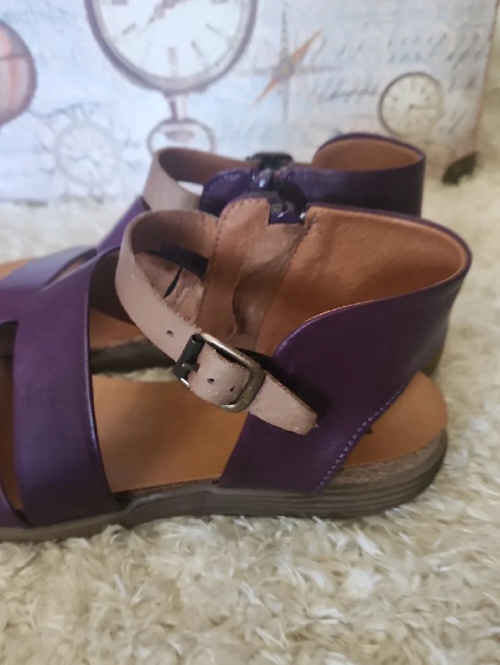Miz Mooz Meadow Purple Leather Strappy Ankle Sandals with Tan Footbed - Picture 4 of 10